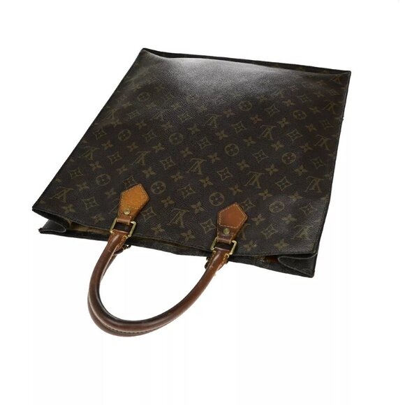 LOUIS VUITTON Logo Sac Plat Hand Tote Bag Monogram Leather Brown - Picture 6 of 16
